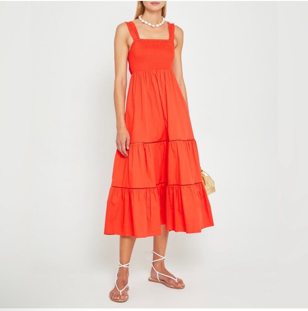 O.P.T. Dress Womens Medium Red Orange Colette Midi Tiered Cotton Pockets Smocked